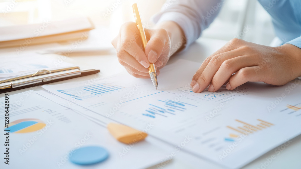 Poster person analyzing financial documents with charts and graphs on desk