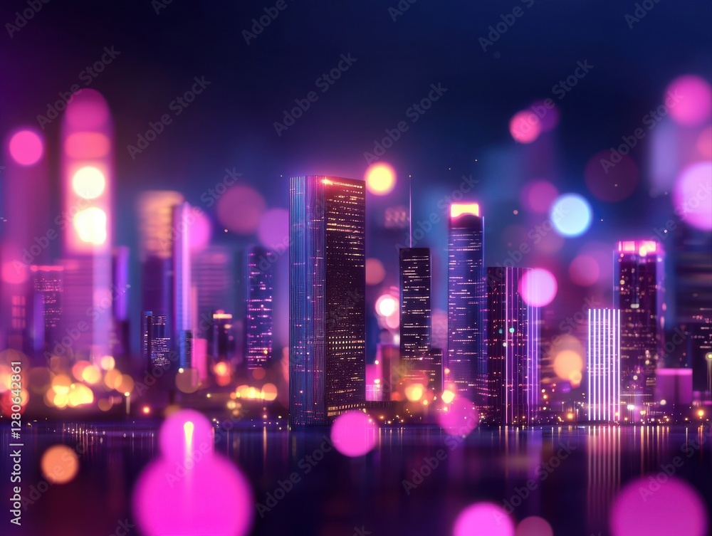 Poster a vibrant city skyline illuminated with colorful lights and bokeh effects, creating a dreamy and mod