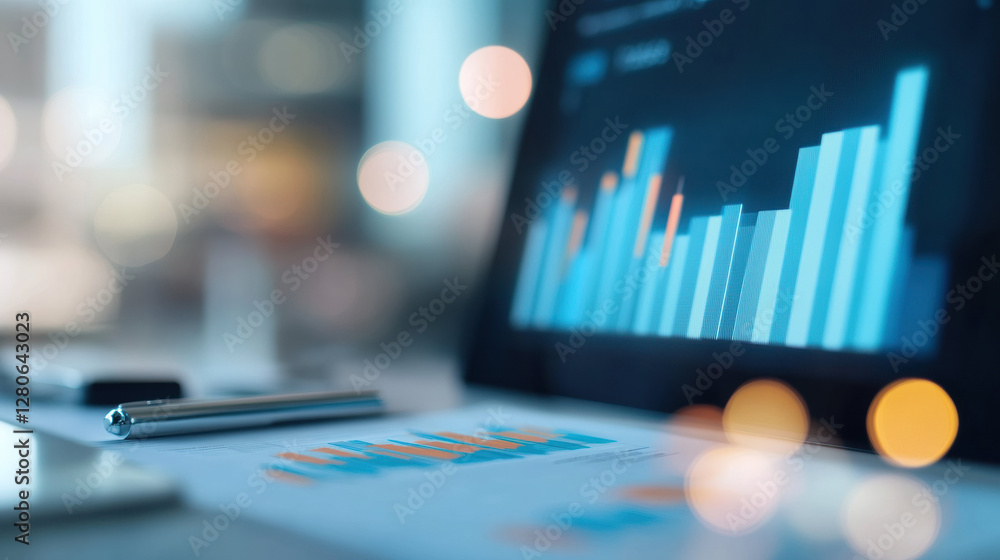 Poster close up of laptop screen displaying financial graphs and charts with pen nearby