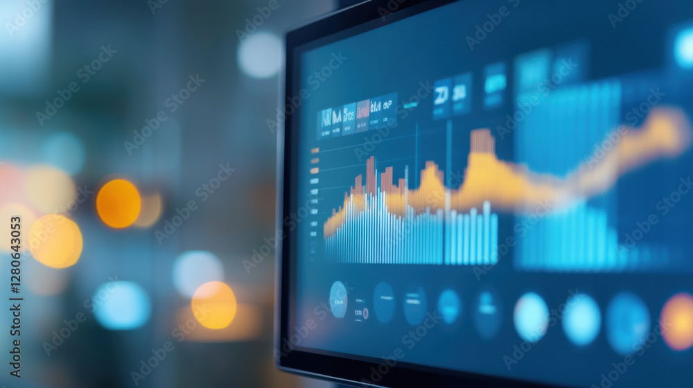 Poster digital screen displaying financial data charts with blurred city lights in background