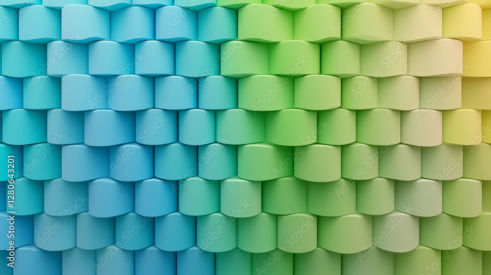 Poster cylinders with gradient fades from bright lime to deep jade, stacked in neat rows, illuminated by
