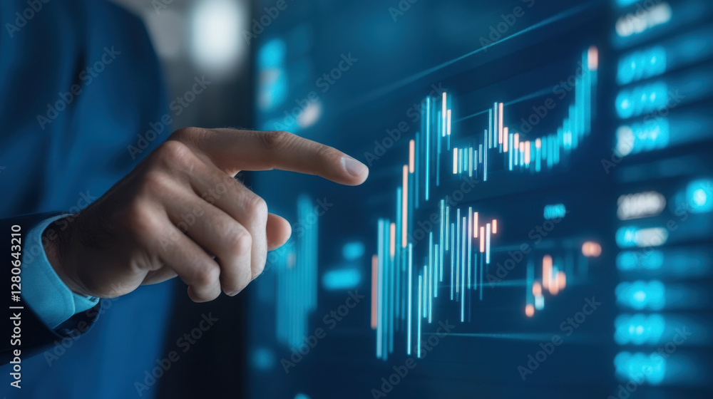 Poster hand pointing at digital financial chart with glowing data bars