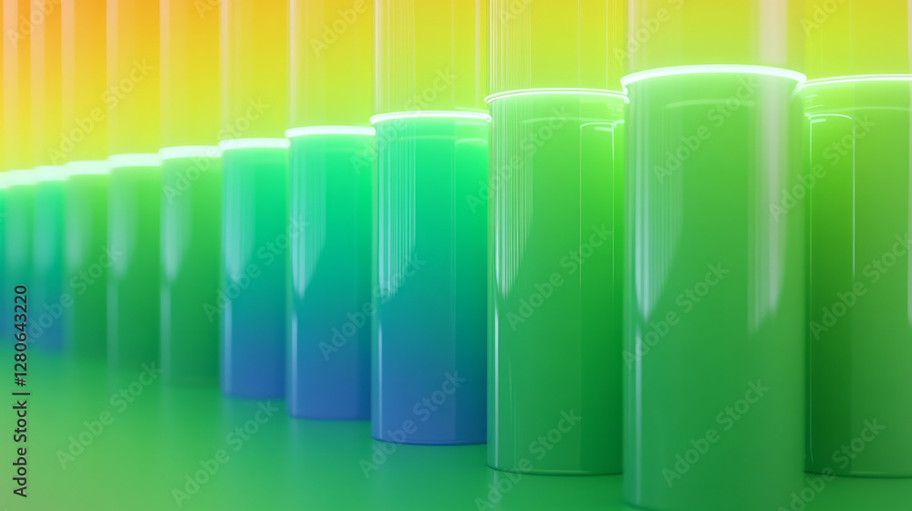 Poster cylinders with gradient fades from bright lime to deep jade, stacked in neat rows, illuminated by