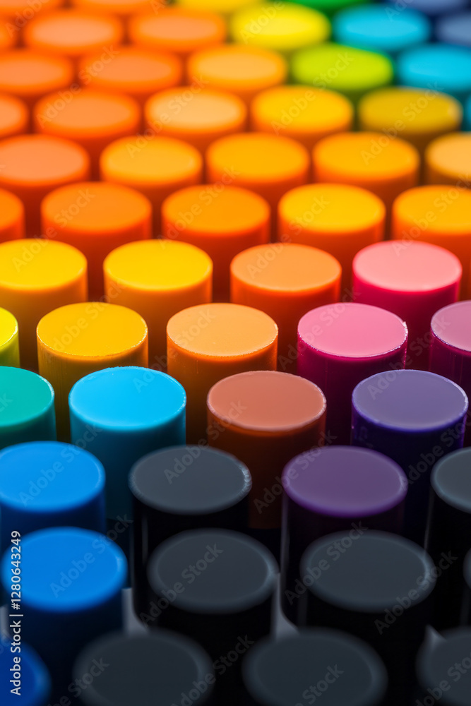 Poster cylinders grouped in clusters, each cluster a single bold color, all arranged on a reflective