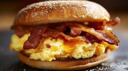 A delicious breakfast sandwich featuring fluffy scrambled eggs, crispy bacon, and a toasted English muffin.