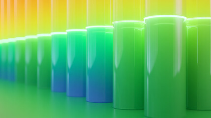 Fototapeta premium Cylinders with gradient fades from bright lime to deep jade, stacked in neat rows, illuminated by