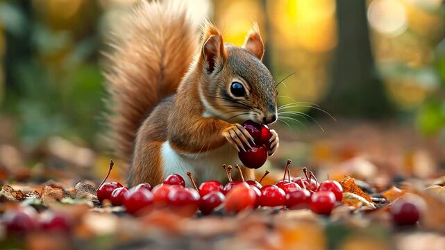 Squirrel is eating a red cherry. The image has a warm and inviting mood, as the squirrel is enjoying a delicious snack in a peaceful setting