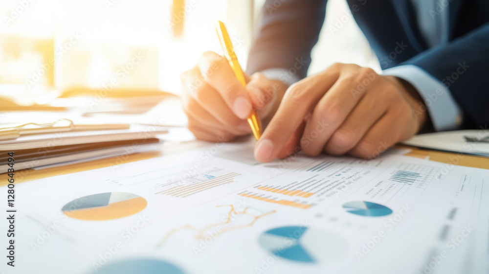 Poster businessman analyzing financial charts and graphs with focus and precision