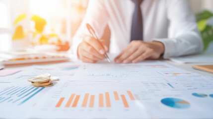 businessman analyzing financial charts with coins on table, symbolizing cash flow
