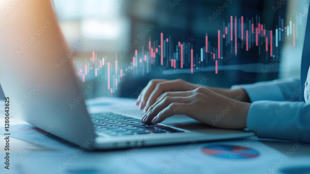 Poster hands typing on laptop with financial charts overlayed, symbolizing data analysis