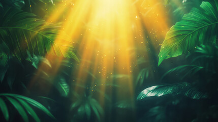 Obraz premium Dense tropical foliage under a bright golden haze, overlaid with faint polygonal light beams