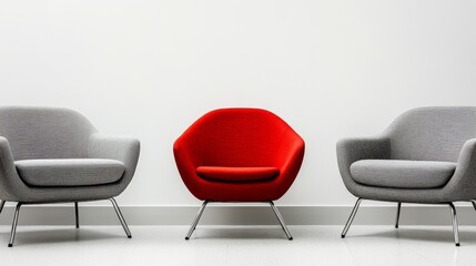 Obraz premium Modern chairs, red chair, grey chairs, white background, minimalist furniture, contemporary design, seating arrangement, indoor setup