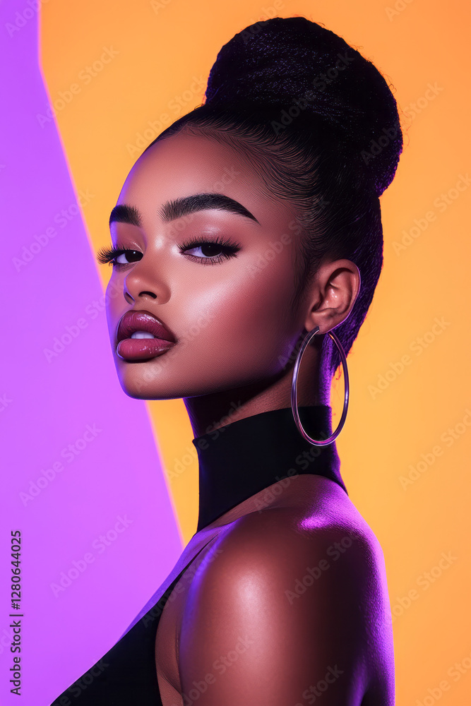 Poster glam-style portrait with a delicate glow on the cheeks, complimented by a gradient that transitions