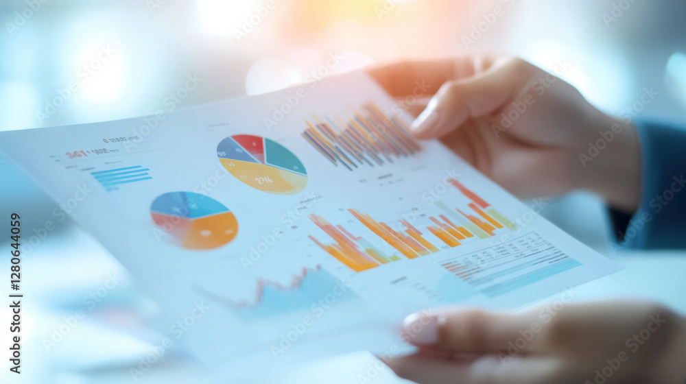 Poster businessperson analyzing financial charts and graphs with focus on data trends