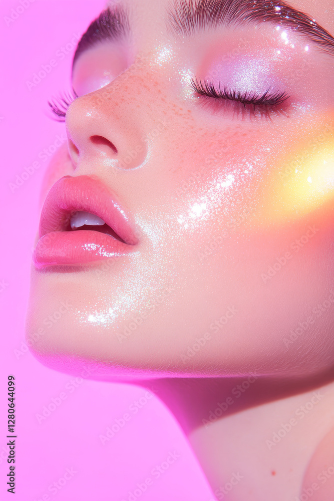 Poster glam-style portrait with a delicate glow on the cheeks, complimented by a gradient that transitions