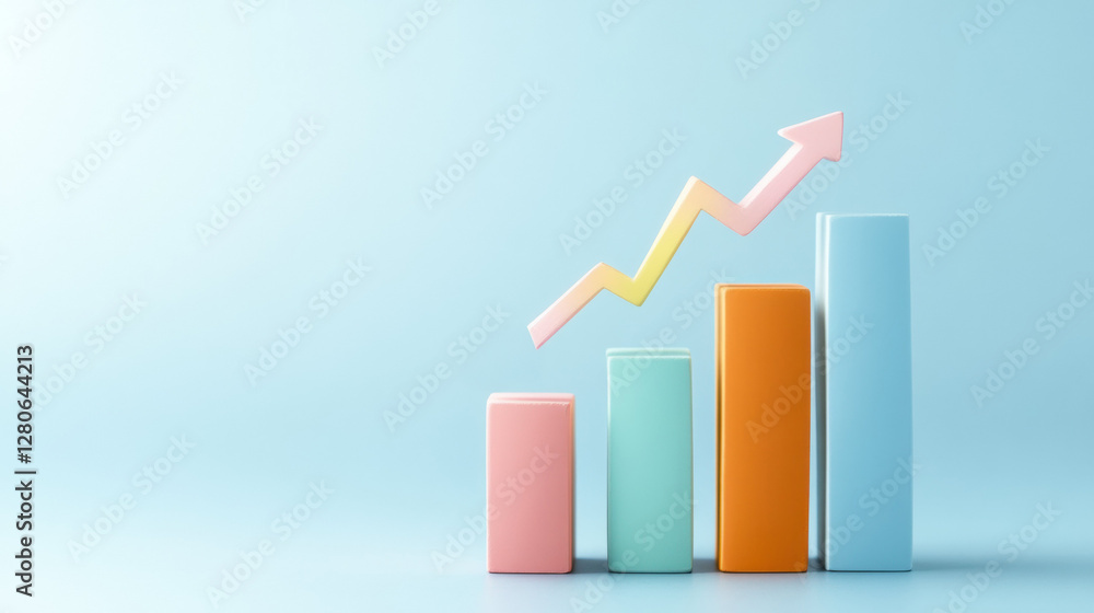 Poster colorful bar graph with upward arrow symbolizing growth and success
