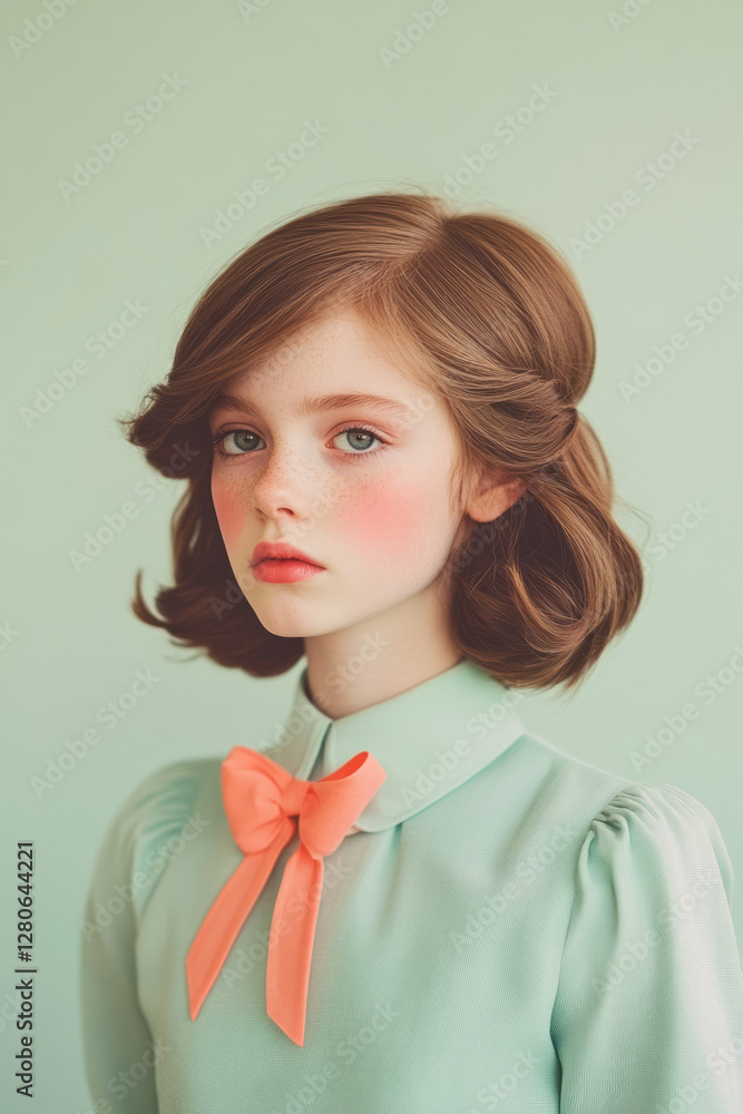 Poster cinematic portrait with minimal contrast, where the subdued background morphs from pale sage green