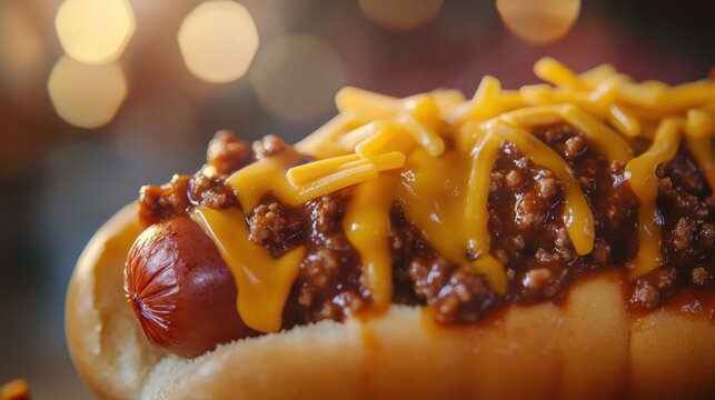 A close-up of a delicious hot dog topped with chili and melted cheese, capturing a tantalizing food moment.
