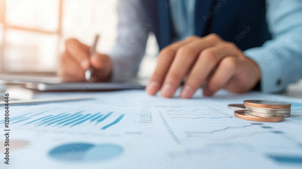 Poster Businessman analyzing financial data with charts and coins on table