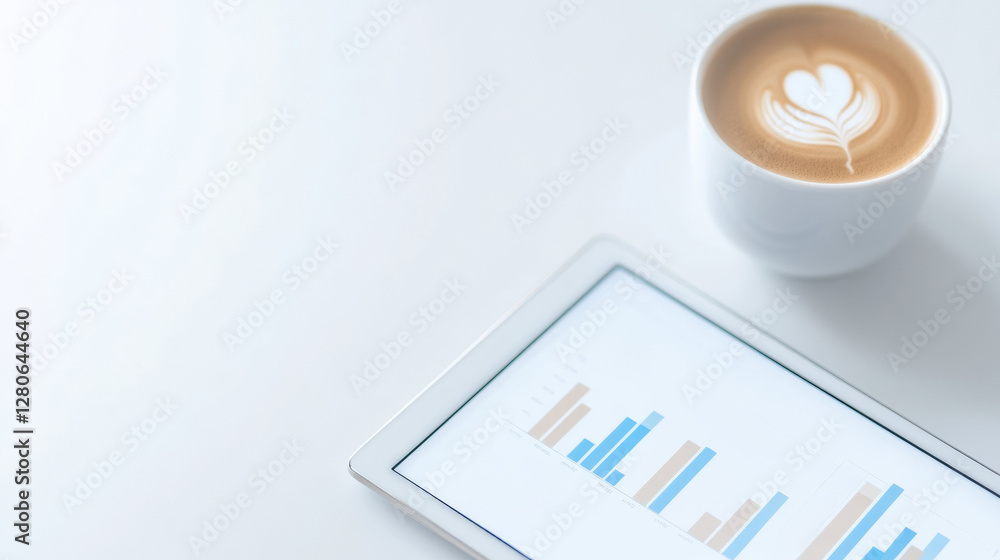 Poster tablet displaying business charts next to cup of coffee with latte art