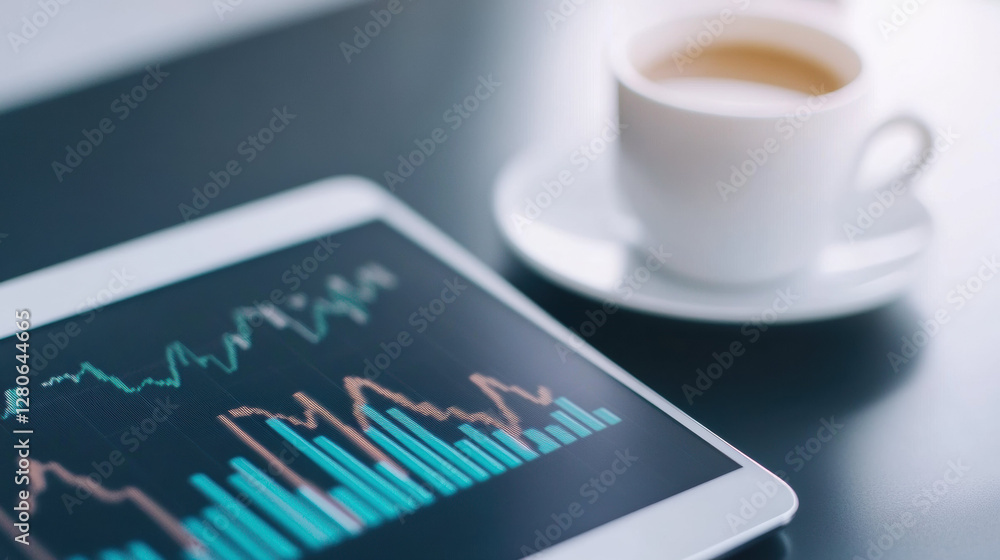Poster tablet displaying financial graphs with cup of coffee on desk