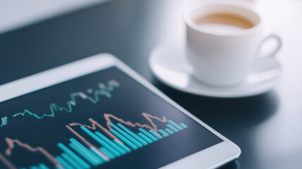Tablet displaying financial graphs with cup of coffee on desk