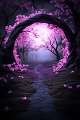 Fototapeta premium Moonlit scene of wild, glowing blossoms wrapped around a modern, minimal arch, casting faint