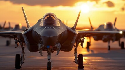 Several military jets align on the airfield, their silhouettes defined against a vibrant sunset. Crew members attend to pre-flight checks in the golden light