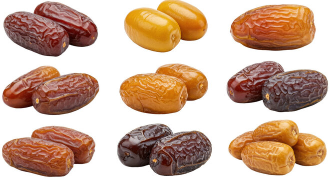 Pile of dark brown dates with wrinkled texture for ramadan decor on transparent png