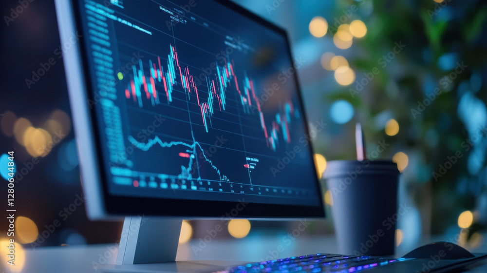 Aufkleber computer monitor displays financial chart with colorful data trends