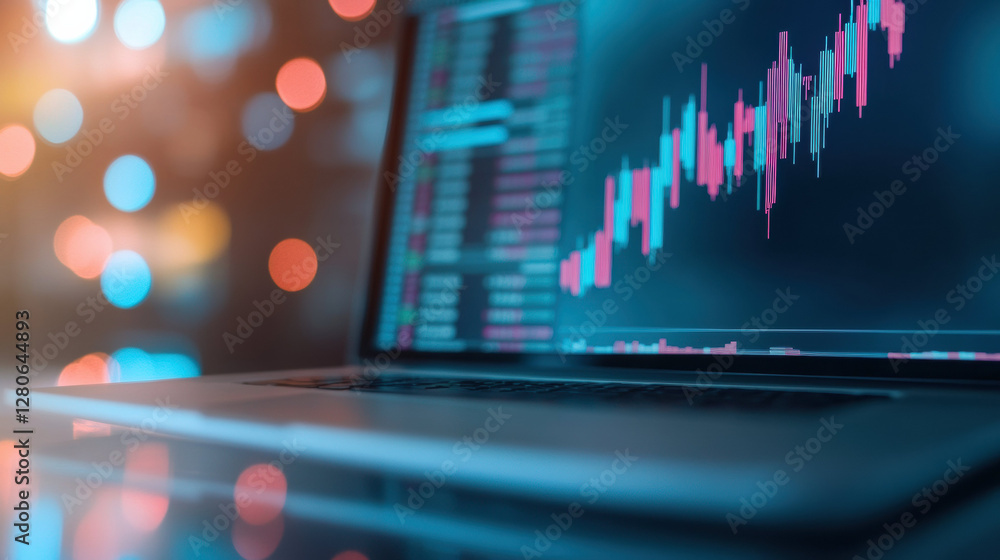 Poster laptop screen displaying financial chart with colorful bokeh lights in background