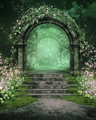 Obraz premium Stone arch shimmering in soft, magical light, while gently lit flowers radiate gentle glows around