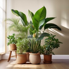Obraz premium various indoor house plants beside a window with back lighting