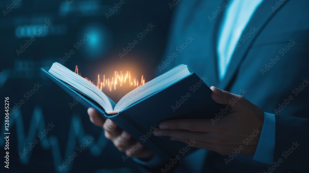Aufkleber open book with glowing data visualization, symbolizing knowledge and innovation