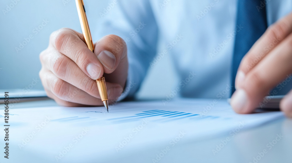 Poster close up of person analyzing financial data and writing on document