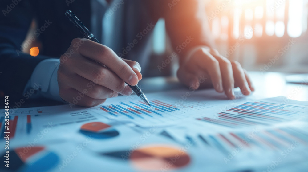 Poster person analyzing financial charts and graphs with pen in hand