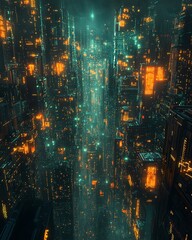 Fototapeta premium A digital cityscape featuring glowing cubes arranged in a cyberpunk style