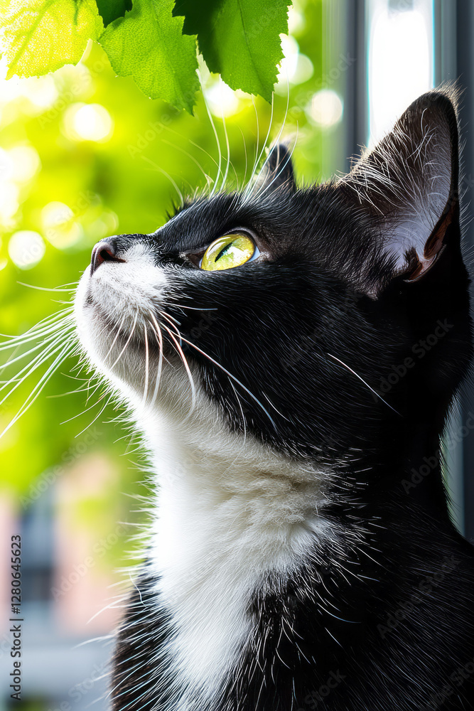 Poster dust particles dancing in bright afternoon sun, while a tuxedo cat gazes intently at something