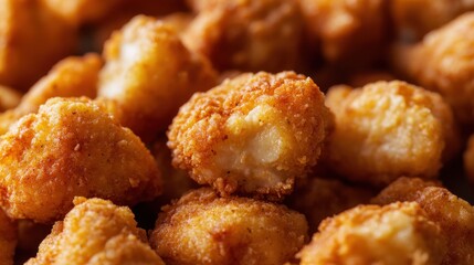 Golden brown fried cheese curds, crispy on the outside and melted inside, perfect for snacking.