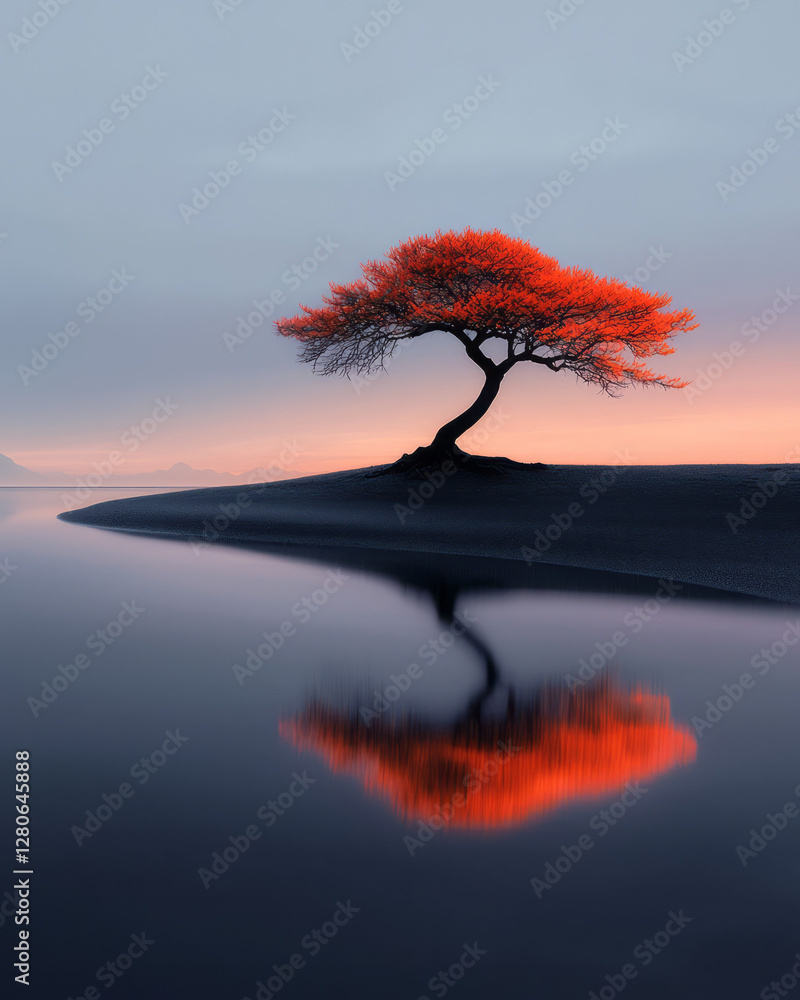 Aufkleber warm twilight hues reflecting on gentle sand ripples, with a single gnarled tree creating a dark