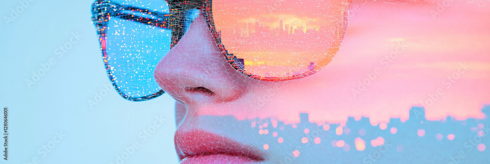 Poster Close-up of a soft-lit face dissolving seamlessly into the wireframe of a modern skyscraper,