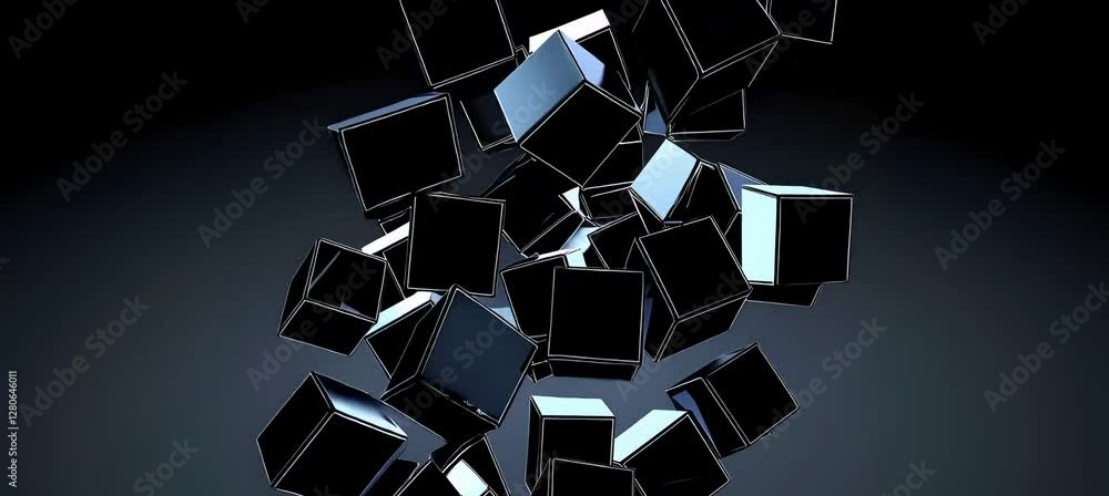 Poster dynamic transformation of floating metallic cubes with mirrored reflections in abstract motion