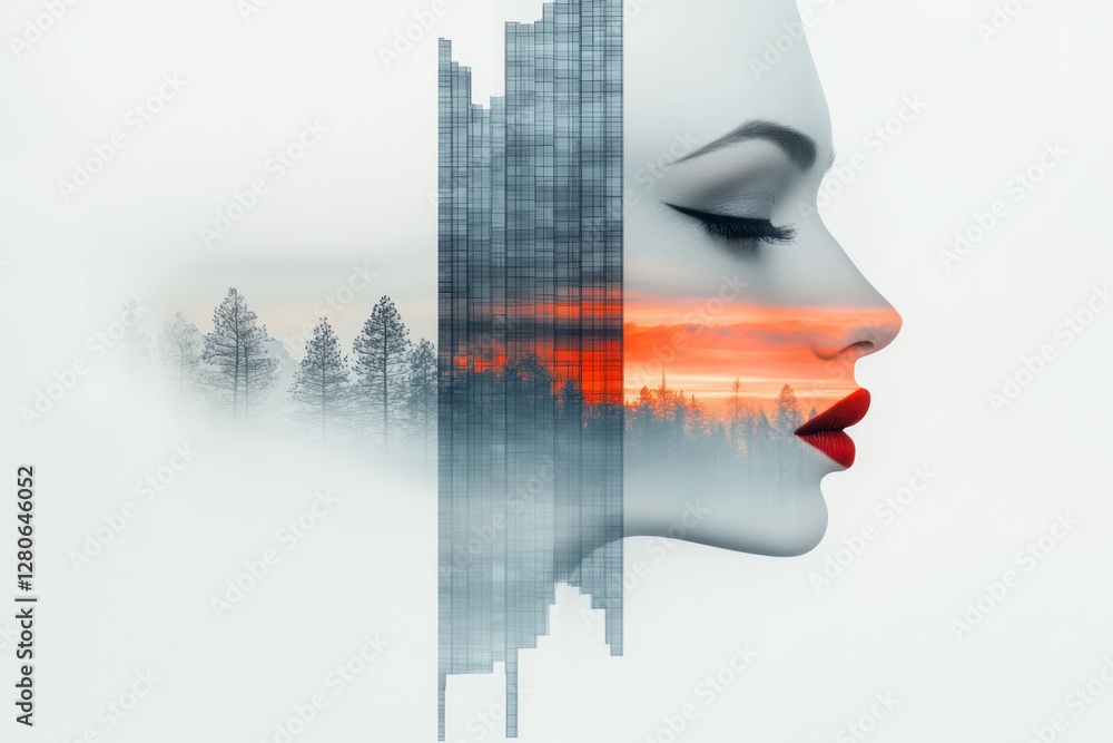 Poster Double exposure capturing gently tilted facial features intersecting with a sleek, glassy