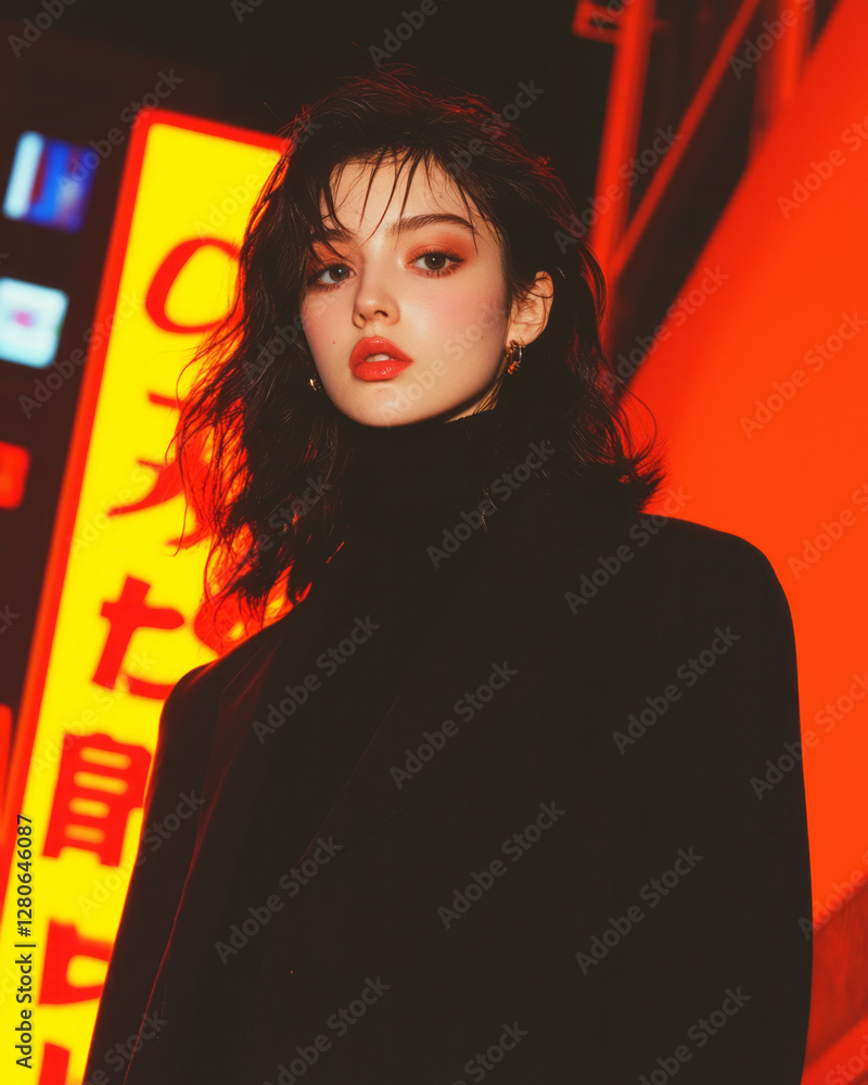 Poster pensive expression against a glossy backdrop, where half the subjectâ€™s face merges with a bright