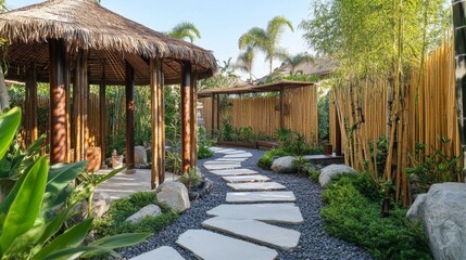 Serene Tropical Garden Pathway with Bamboo Hut
