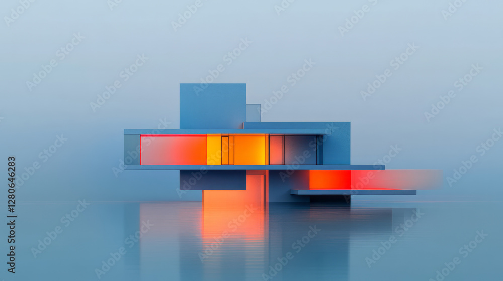 Poster warmly lit portrait dissolving at the edges into a stylized, minimal building shape, evoking a