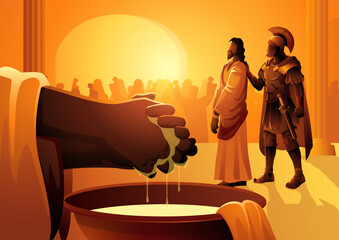 Pontius Pilate washing his hands, symbolizing his act of distancing himself from responsibility during the trial of Jesus. Perfect for religious themes, biblical storytelling, Easter related content