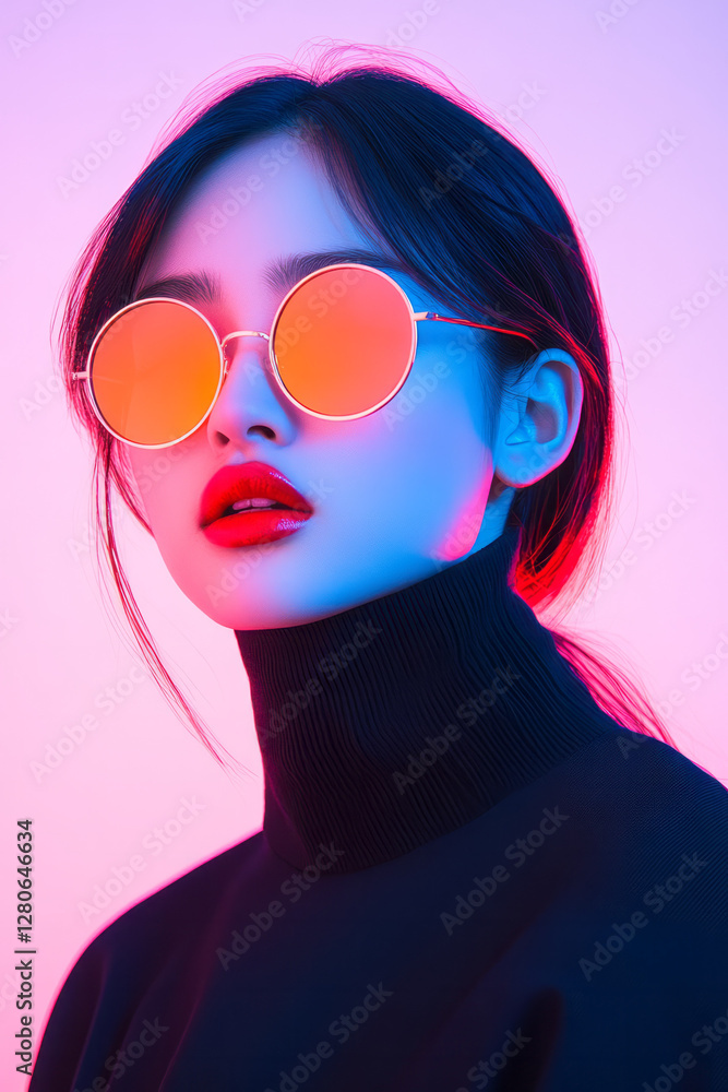 Poster clean, white backdrop, with the reflection of a vibrant cityscape or abstract neon shapes in the