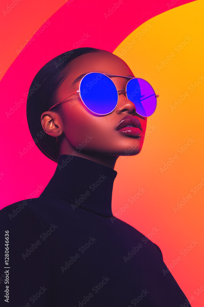 Poster clean, white backdrop, with the reflection of a vibrant cityscape or abstract neon shapes in the