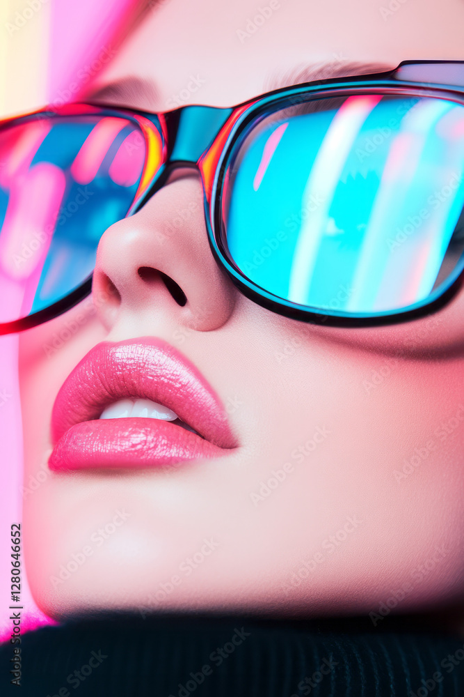 Poster clean, white backdrop, with the reflection of a vibrant cityscape or abstract neon shapes in the